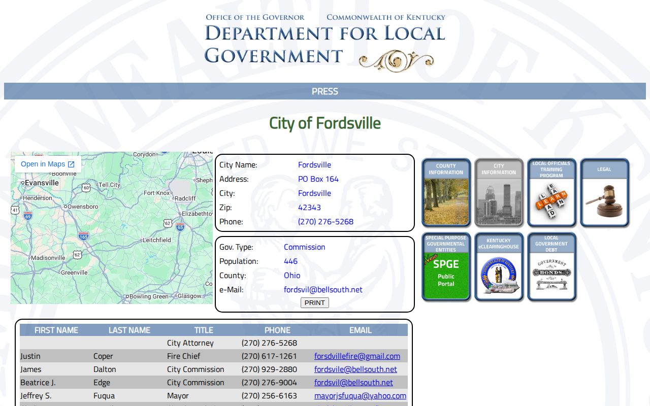 Kentucky Department for Local Government Fordsville city profile