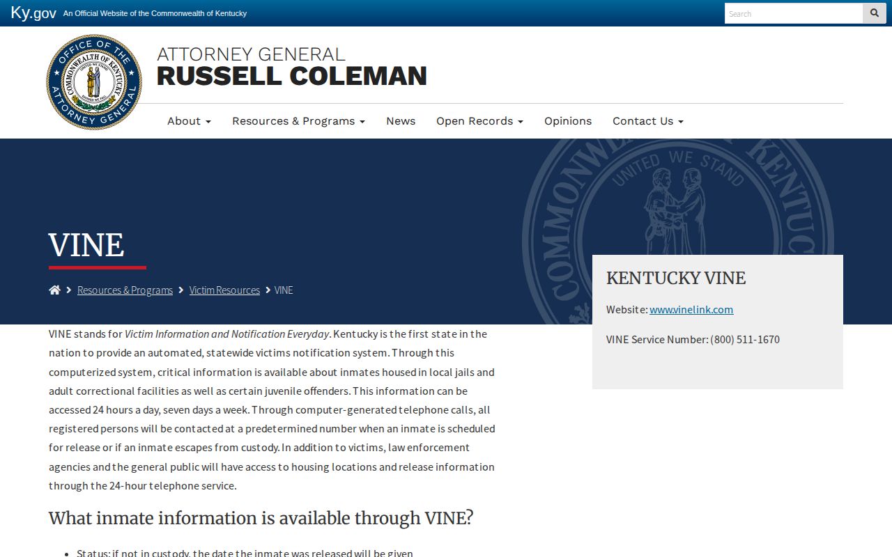 Kentucky Attorney General VINE resource for Ohio County custody alerts